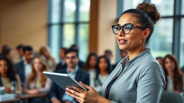 Woman presenting on human-centered AI adoption in healthcare at a conference.
