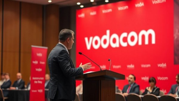 Speaker explaining concepts at Vodacom presentation backdrop.