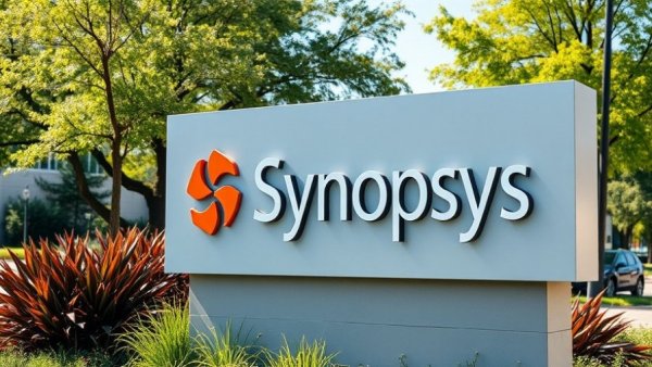 Synopsys sign amidst greenery, highlighting corporate presence.