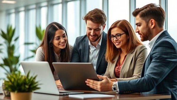 Team using HR Solutions software in a modern office setting.