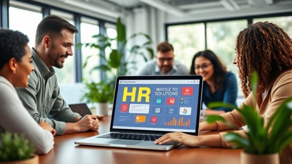 Diverse team in office using HR Solutions software, collaborative work environment.
