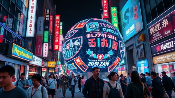 Bustling city scene with neon lights and digital display at night.