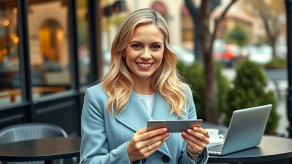 Smiling woman holding credit card at cafe, Visa Mastercard settlement impact.
