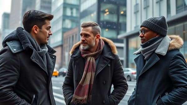 Men discussing strategies for business growth in winter.