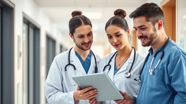 Healthcare professionals engaging in technology change management discussion.