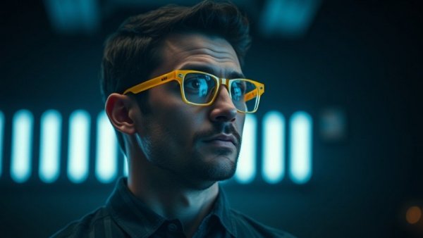 Thoughtful man contemplating with yellow glasses in a dark setting.