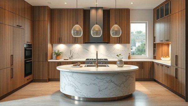 Sleek kitchen with rounded marble island showcasing modern elegance, warm lighting.