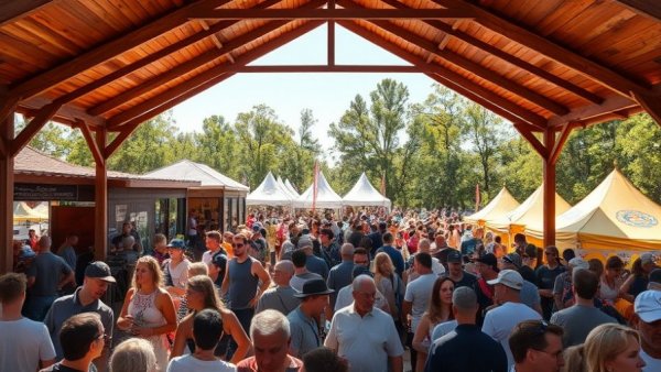 Lively crowd at Ruskin Seafood Festival under pavilion enjoying festivities.