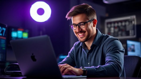 ChatGPT for solo entrepreneurs: Man smiling while using a laptop.