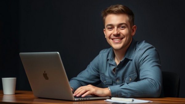 Solopreneurs scaling with ChatGPT, smiling man at desk with laptop.