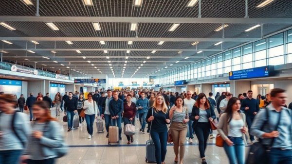 FAA eases flight cancellations: busy airport terminal scene.