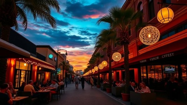 Ybor City dusk street scene with people and lights.