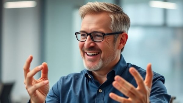 Man discussing critical thinking with AI in an office setting.