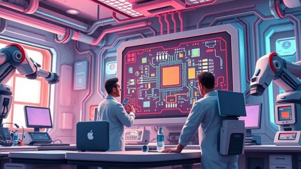 3D cartoon engineers analyzing AMD microchips, symbolizing AMD stock true value.