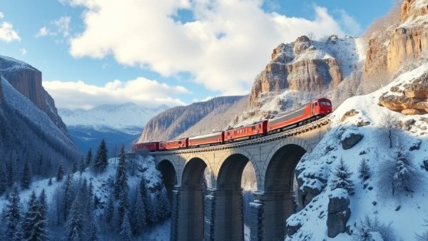 Switzerland scenic train rides over viaduct in snowy mountains.