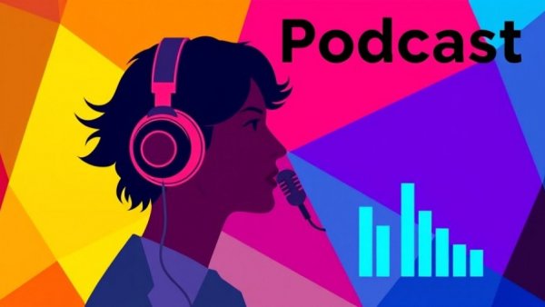 Colorful geometric podcast cover art with audio elements.