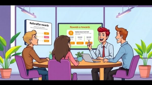Corporate cartoon of referral rewards program meeting in modern office