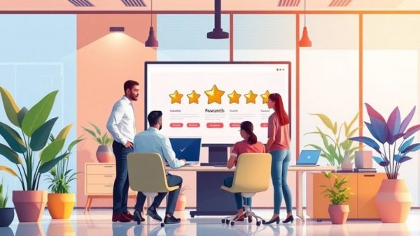 Illustration of referral rewards program discussion in an office setting.