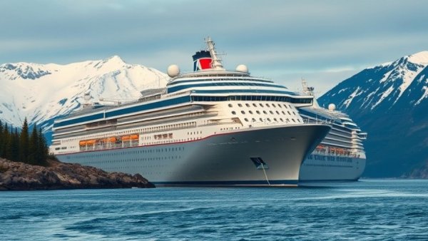 Cruise ship docked in Sitka, Alaska with mountain backdrop.