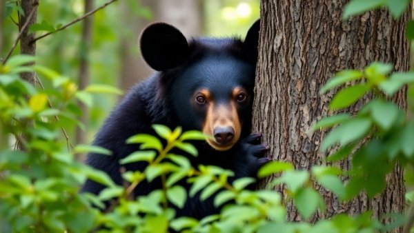 Black bear peeking from tree in lush forest, related to Florida bear hunt lawsuit.