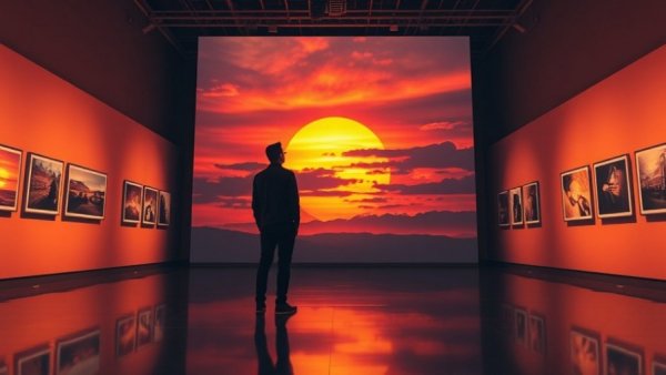 Artistic sunset projection in a gallery exemplifying 'better is bigger in sports'.