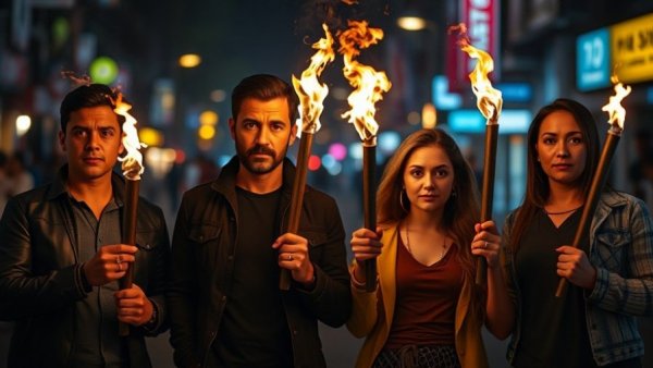 Ruben Fleischer Zombieland 3 cast holding torches at night.