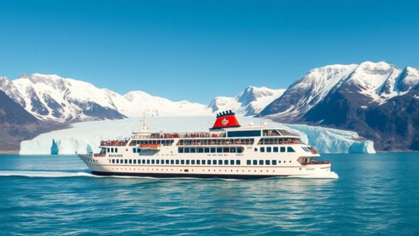 Cruise ship at Glacier Bay with stunning mountain and glacier views.