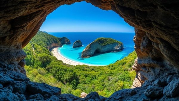 Explore Crete Greece: Stunning view of a turquoise coast from a cavern.