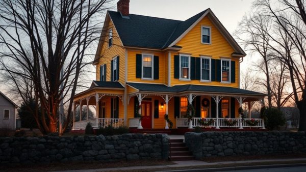 Avery-Copp House Holiday Open House, yellow historical building with holiday lights.