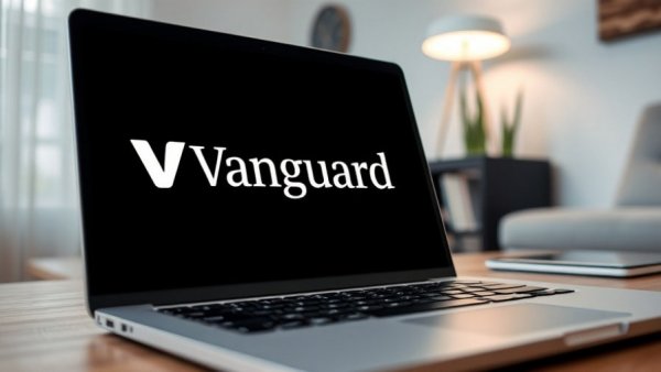 Close-up of Vanguard logo on laptop screen, related to Dimensional Fund Advisors ETF share classes.