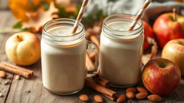 Fall smoothies recipes with apples and cinnamon on a rustic table.