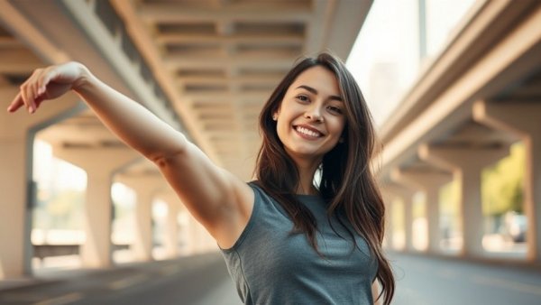 Energetic woman stretching outdoors for mitochondrial health.