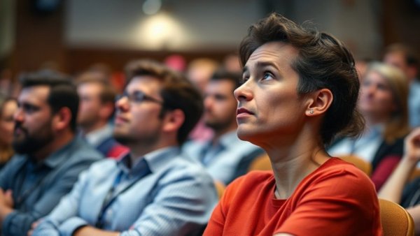 Audience member listening at a business coaching event.