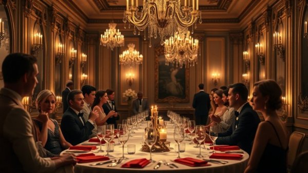 Elegant dinner conversation at a formal event with candlelit ambiance.