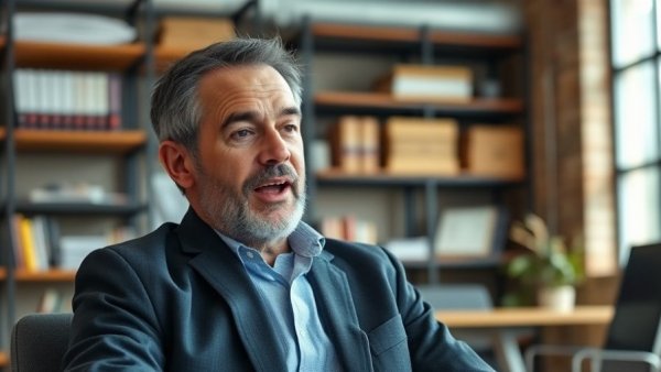 Man discussing strategies in modern office setting.