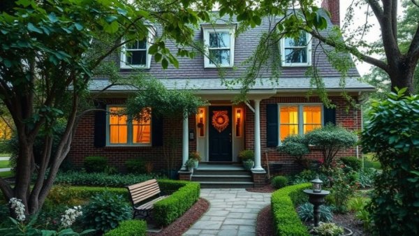 Charming house with lush greenery and garden, relating to FHA loan inspection requirements.