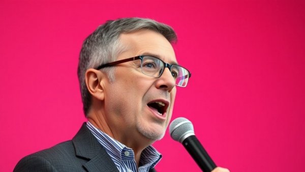 Middle-aged man speaking with a microphone against a magenta background, Yann LeCun AI startup.