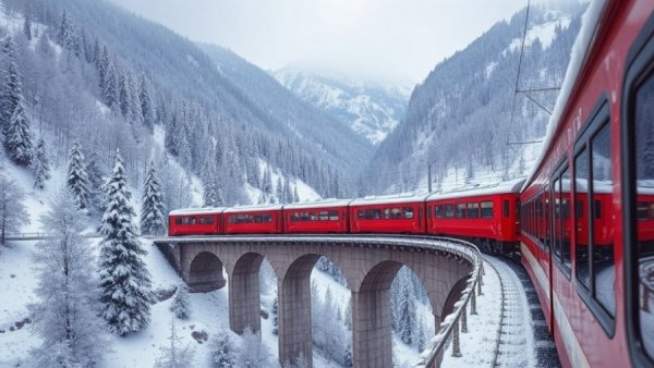 Underrated train journeys in Switzerland showcasing a red train on a snowy viaduct surrounded by winter scenery.