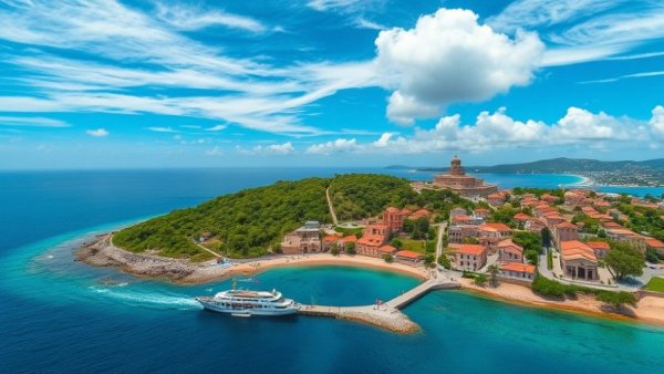 Aerial view of Iona island, lush landscape and clear waters.