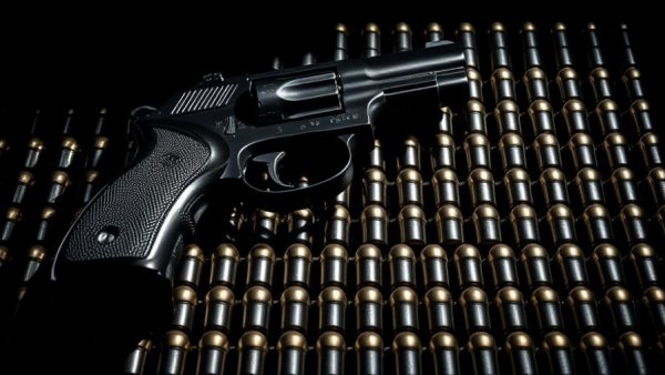 High-contrast artistic rendering of handgun and bullets.