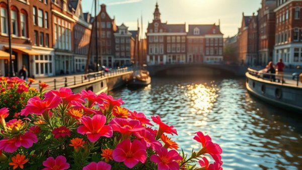 Charming Amsterdam canal view with vivid flowers during sunset.