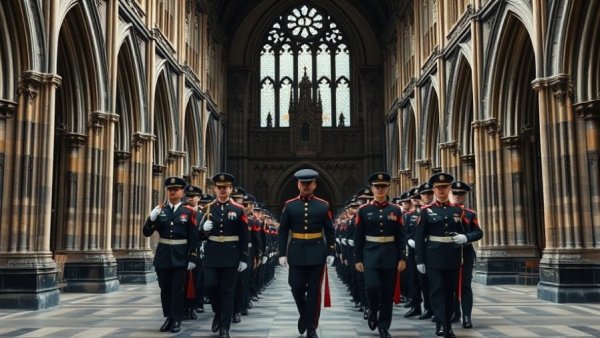 Military honor guard at gothic cathedral entrance, somber scene.