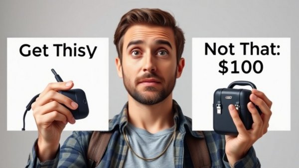 Man compares travel essentials under $100, showcasing affordable vs expensive gear.