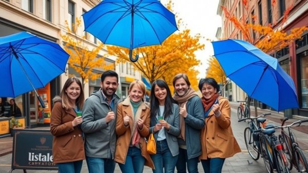 Small Business Saturday impact on UK economy: group with umbrellas on vibrant street.