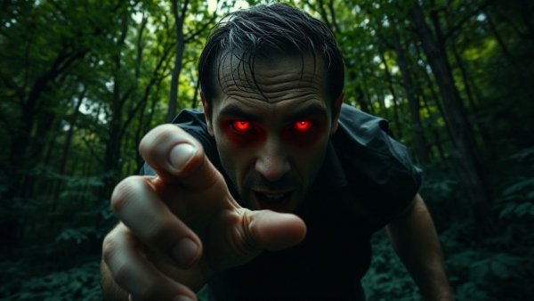 Scene from The Wailing with a possessed man in a forest, emphasizing horror.