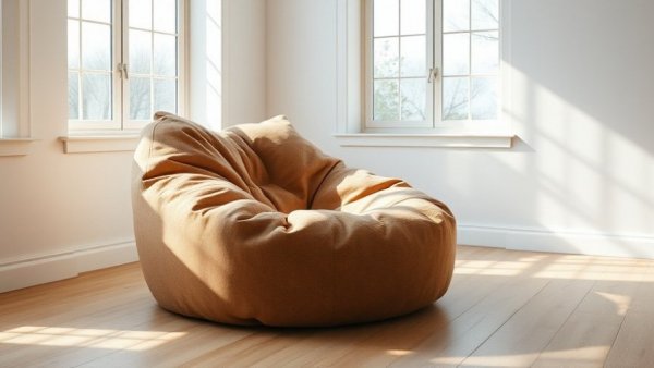 Modern brown bean bag in sunlit room highlighting product design.