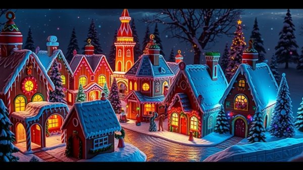 Colorful gingerbread village at a Christmas market in Europe.
