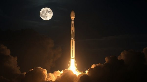 Blue Origin New Glenn 9x4 rocket launches under moonlit sky.