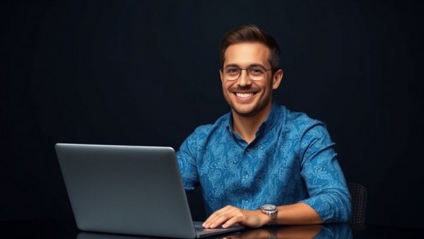 Confident solopreneur using AI tools on a laptop.