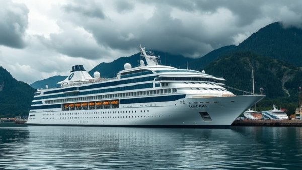 Cruise ship in harbor for Holland America's Great Bear Rainforest cruise.
